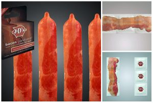 Bacon-Flavoured Condoms with Bacon Printed